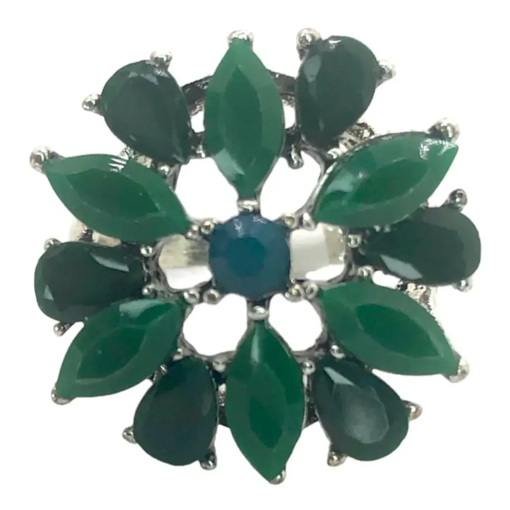 Silver and Green Flower Rhinestone Statement Ring - Size 8